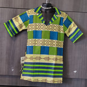 African Print Girl's Shirt Dress Green & Orange Size 5-6