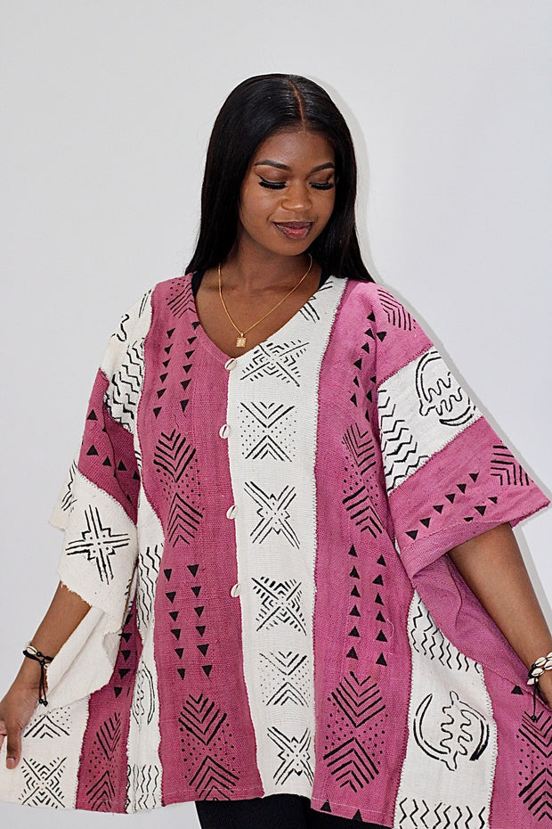 Mudcloth Bogolan Pink & White Shrug Size M/L TossokoClothing