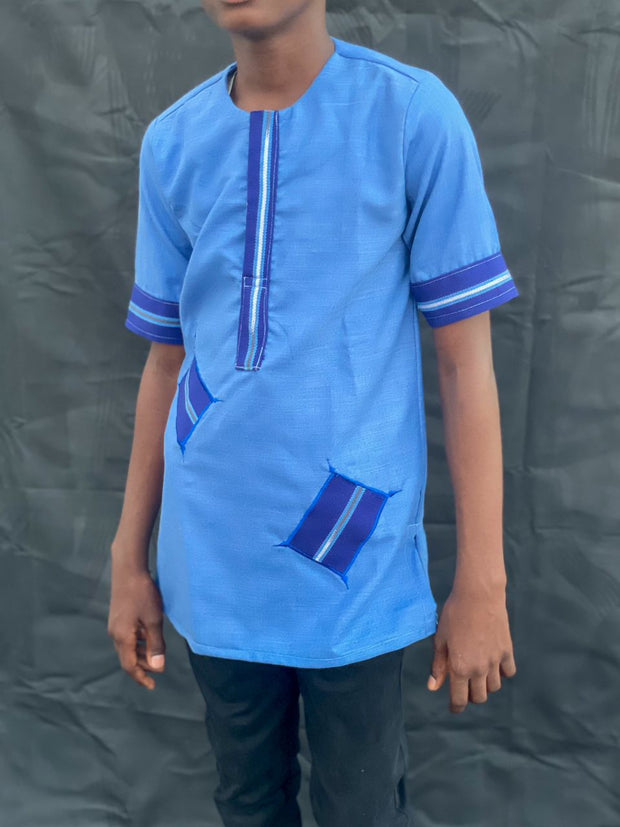 ClassicMen Blue Long Sleeves Shirt with Aso Oke touch TossokoClothing