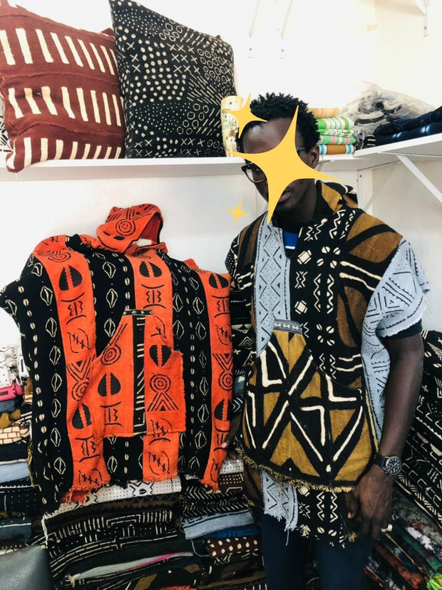 (Copy) Galma Men's Mudcloth Bogolan Hooded Poncho Shirt Unique Size L/XL TossokoClothing