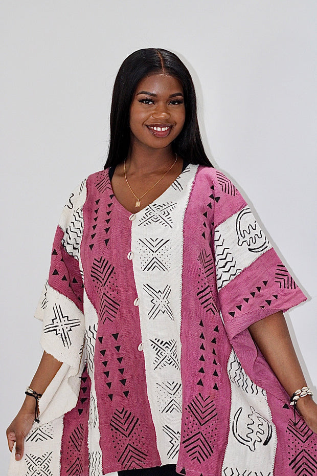 Mudcloth Bogolan Pink & White Shrug Size M/L TossokoClothing