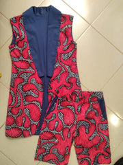 Blue-Pink Sleeveless Ankara Blazer Jacket & Short Set TossokoClothing