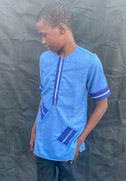 ClassicMen Blue Long Sleeves Shirt with Aso Oke touch TossokoClothing