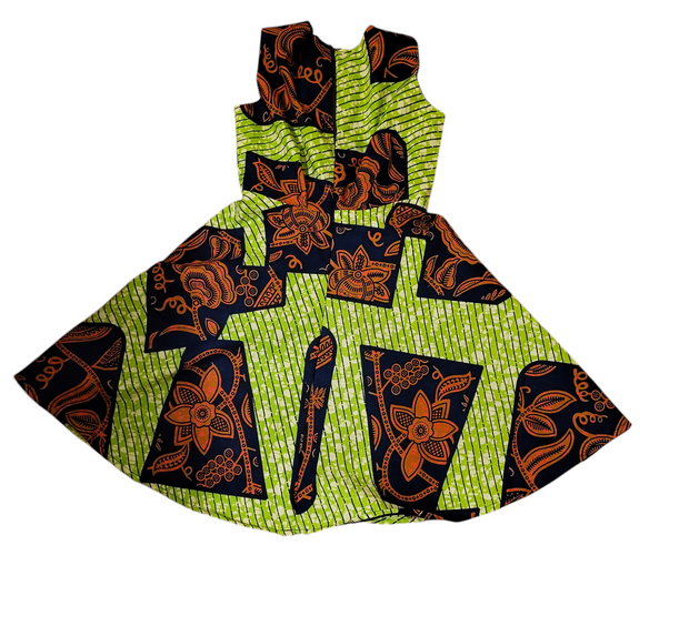 Dinaa African Print (Ankara) Flared Girl Dresses  Size 1-4 Green & Red Tones Colors