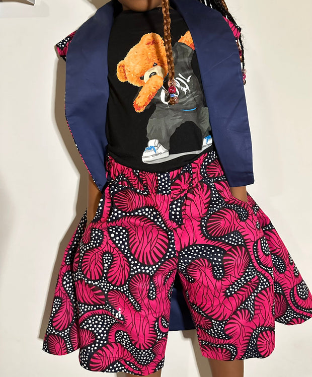 Blue-Pink Sleeveless Ankara Blazer Jacket & Short Set TossokoClothing