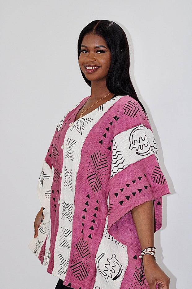 Mudcloth Bogolan Pink & White Shrug Size M/L TossokoClothing