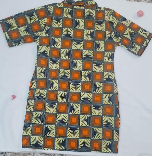 African Print Girl's Shirt Dress Green & Orange Size 5-6 TossokoClothing