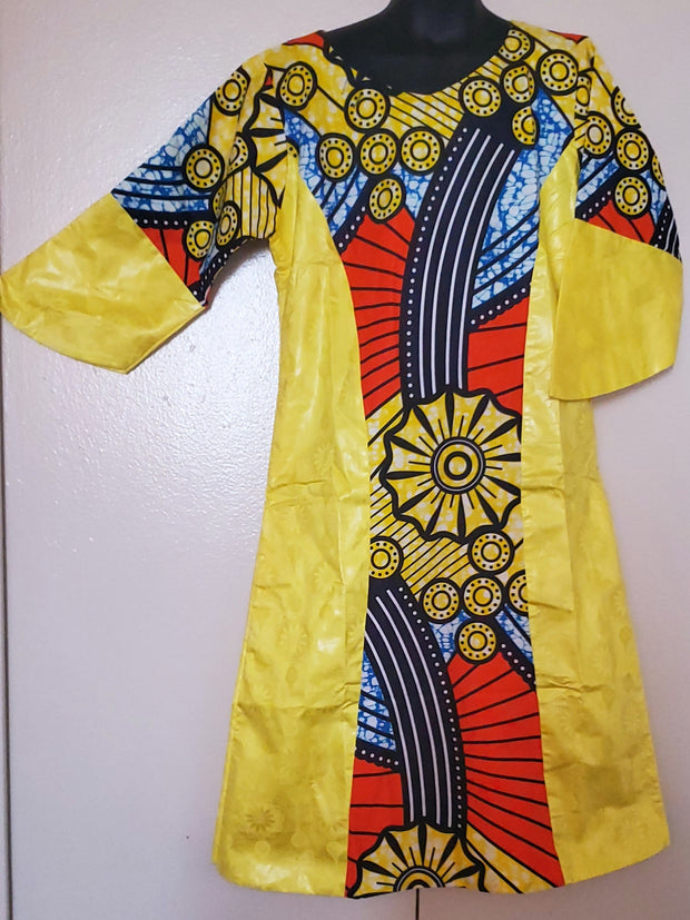 Girl's Yellow African Print & Bazin Dress TossokoClothing