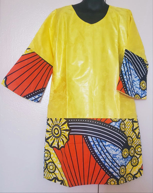 Girl's Yellow African Print & Bazin Dress TossokoClothing