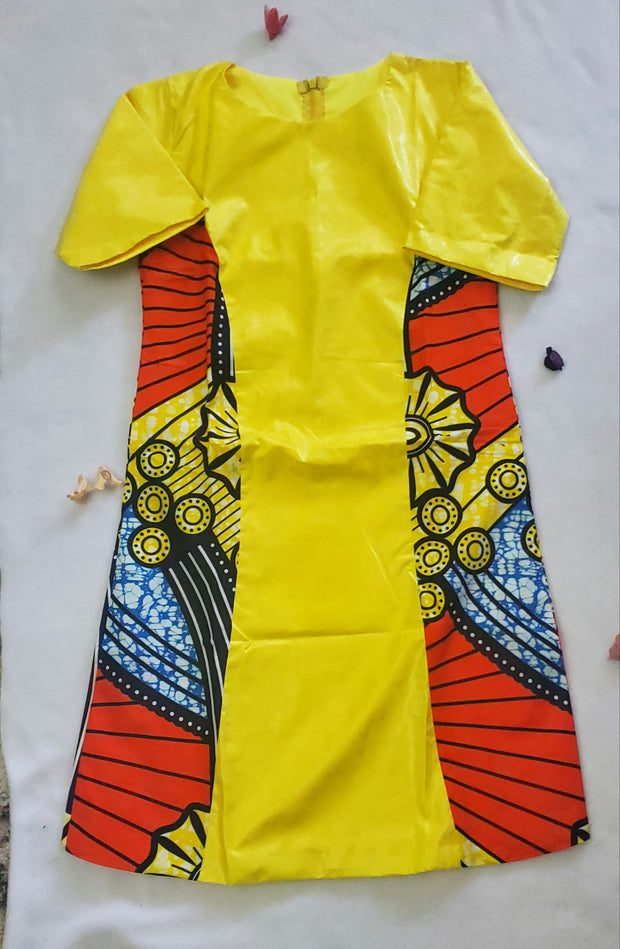 Girl's Yellow African Print & Bazin Dress TossokoClothing