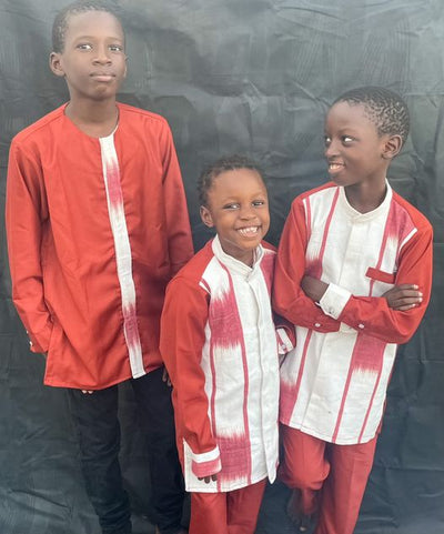 Boy's Red & White Long Sleeves  African Handwoven Shirt & Pants TossokoClothing