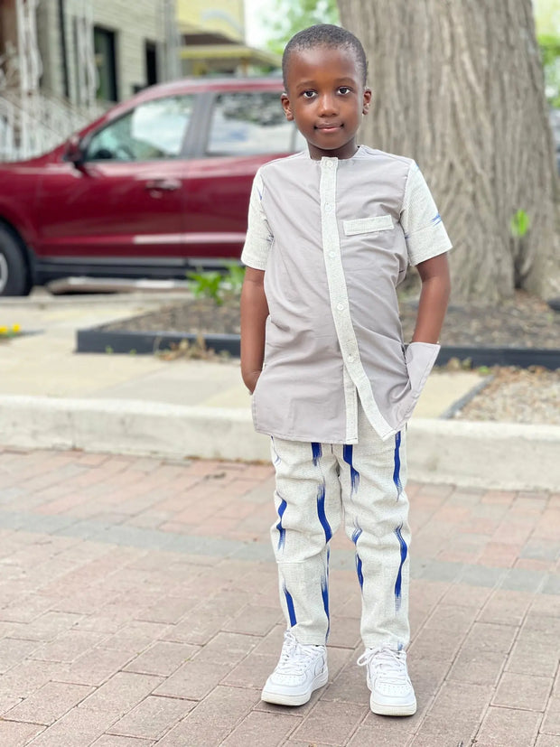 Boy's Grey/ Blue African Hand Woven Top & Pants Outfit TossokoClothing