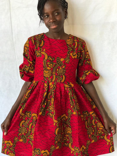African Red Print Girl's Midi Dress Tossoko Clothing