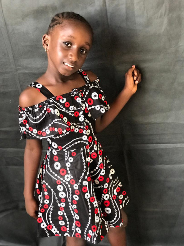 African Print Little Circles Girl's Dress Black Red & White TossokoClothing