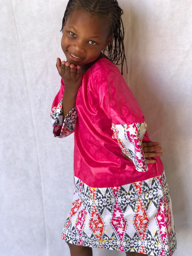 Girl's Pink African Print & Bazin Dress TossokoClothing