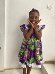 Laly Flared Girl's Dress in Purple African Print (Ankara) & White Lace TossokoClothing