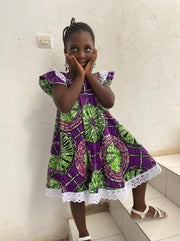 Laly Flared Girl's Dress in Purple African Print (Ankara) & White Lace TossokoClothing