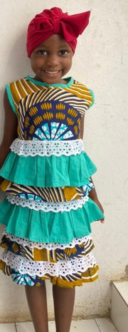 Lala Ruffle Girl's Dress in African Print (Ankara) Yellow Green & White Color TossokoClothing