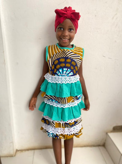 Lala Ruffle Girl's Dress in African Print (Ankara) Yellow Green & White Color TossokoClothing