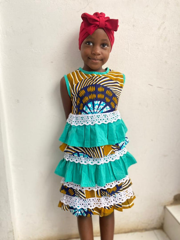 Lala Ruffle Girl's Dress in African Print (Ankara) Yellow Green & White Color TossokoClothing