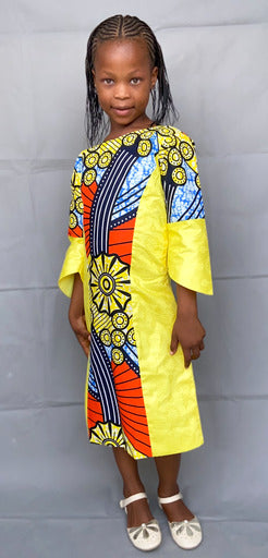 Girl's Yellow African Print & Bazin Dress TossokoClothing