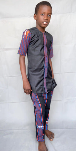 Boy's Purple/Black African Handwoven Top & Pants Set TossokoClothing