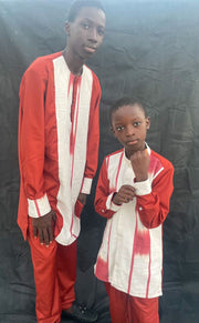 Boy's Red & White Long Sleeves  African Handwoven Shirt & Pants TossokoClothing