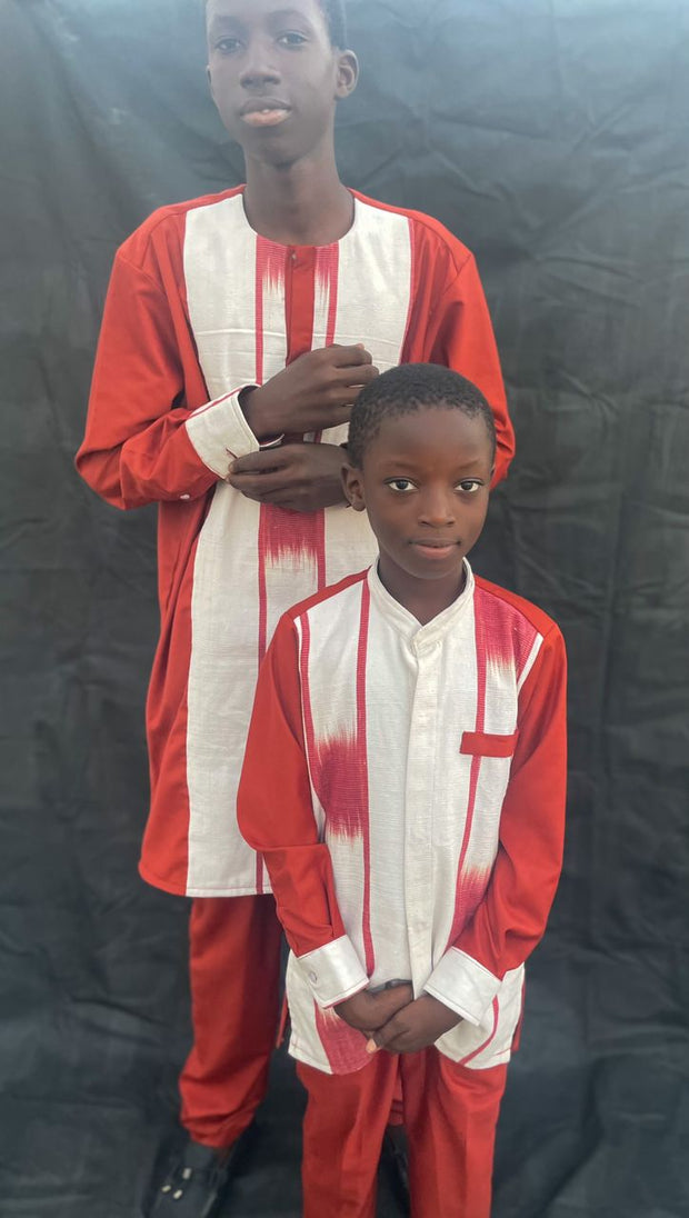 Boy's Red & White Long Sleeves  African Handwoven Shirt & Pants TossokoClothing