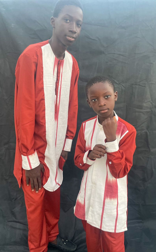 Boy's Red & White Long Sleeves  African Handwoven Shirt & Pants TossokoClothing