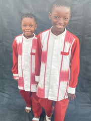 Boy's Red & White Long Sleeves  African Handwoven Shirt & Pants TossokoClothing