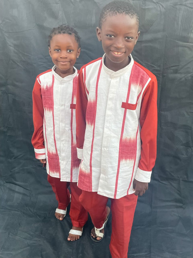 Boy's Red & White Long Sleeves  African Handwoven Shirt & Pants TossokoClothing