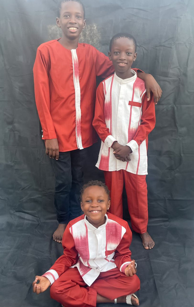 Boy's Red & White Long Sleeves  African Handwoven Shirt & Pants TossokoClothing