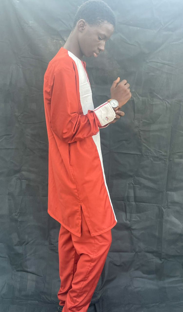 Boy's Red & White Long Sleeves  African Handwoven Shirt & Pants TossokoClothing