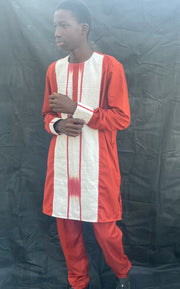Boy's Red & White Long Sleeves  African Handwoven Shirt & Pants TossokoClothing