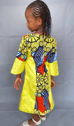 Girl's Yellow African Print & Bazin Dress TossokoClothing